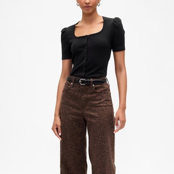 GAP Black Ribbed Scoop Neck Puff Sleeve Top/NWT/XL - Picture 3 of 13